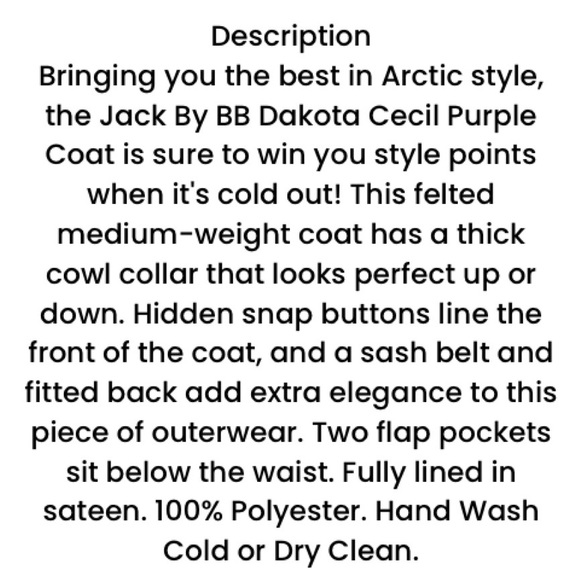 JACK by BB Dakota Cecil Purple Coat Size Small - Picture 7 of 8